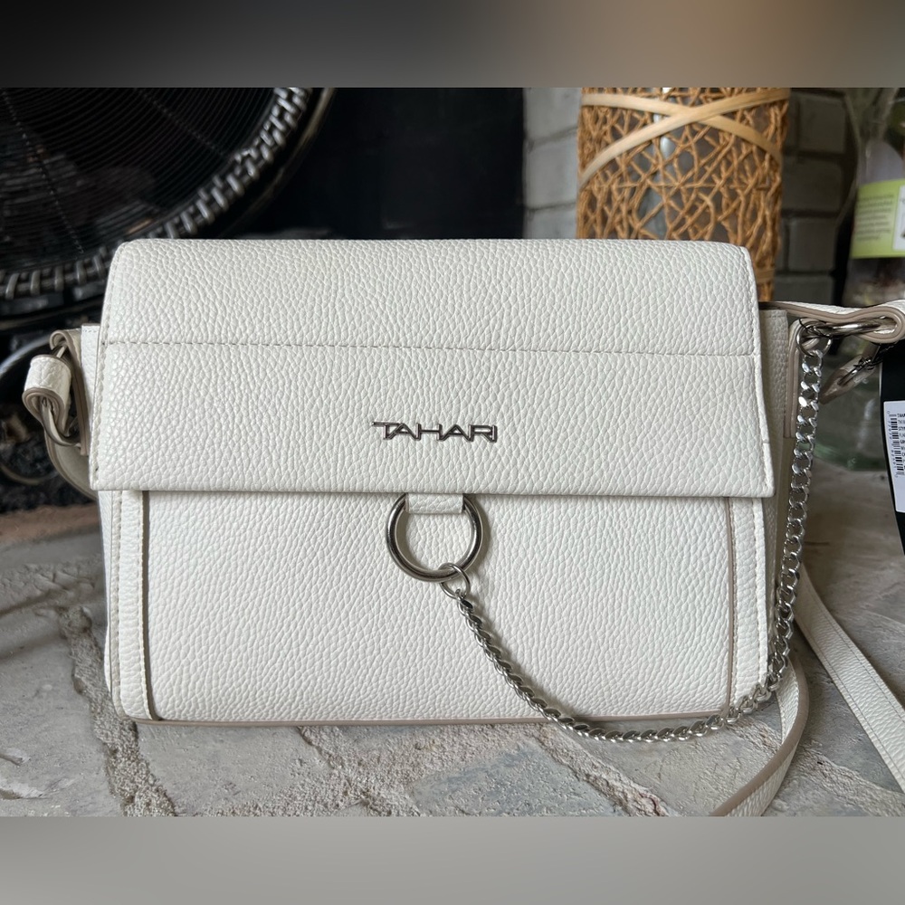 Tahari White Crossbody Bag with Silver Hardware